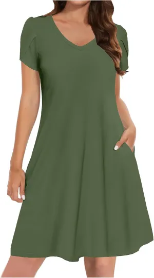 Dresses for Women Summer Plus Size Dresses Short Sleeve V Neck Casual Mini Dress Solid Loose Sundresses with Pocket
