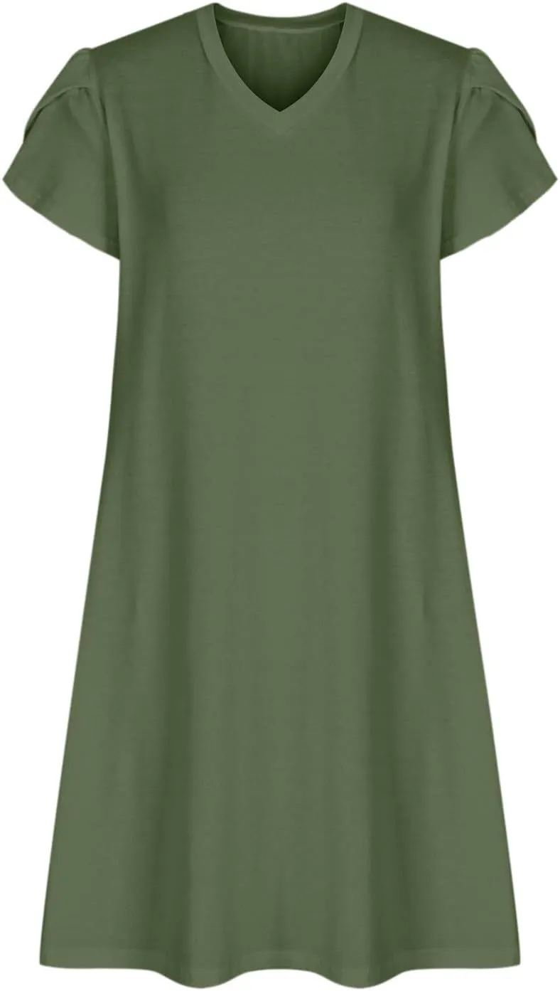 Dresses for Women Summer Plus Size Dresses Short Sleeve V Neck Casual Mini Dress Solid Loose Sundresses with Pocket