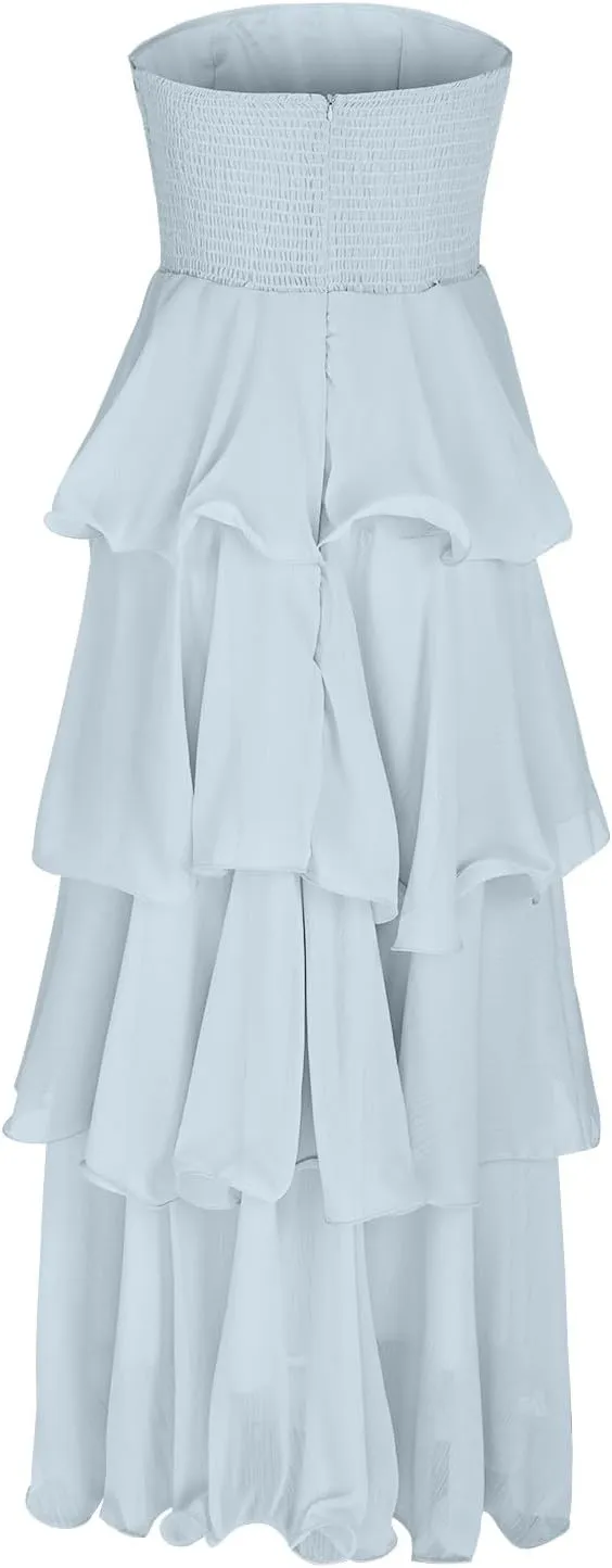 Elegant Cold Shoulder Dress for Women Ruffle Tiered Cake Maxi Dresses Plain Slim Party Dressy Outfits