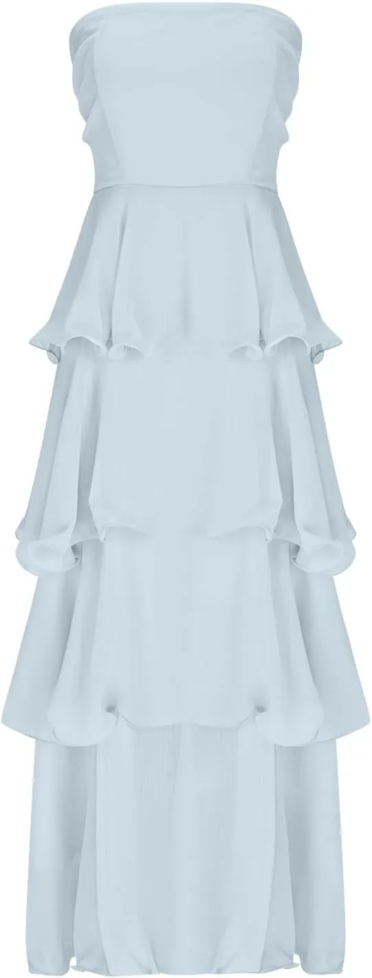 Elegant Cold Shoulder Dress for Women Ruffle Tiered Cake Maxi Dresses Plain Slim Party Dressy Outfits