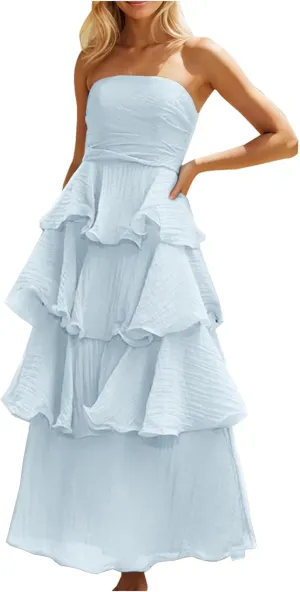 Elegant Cold Shoulder Dress for Women Ruffle Tiered Cake Maxi Dresses Plain Slim Party Dressy Outfits