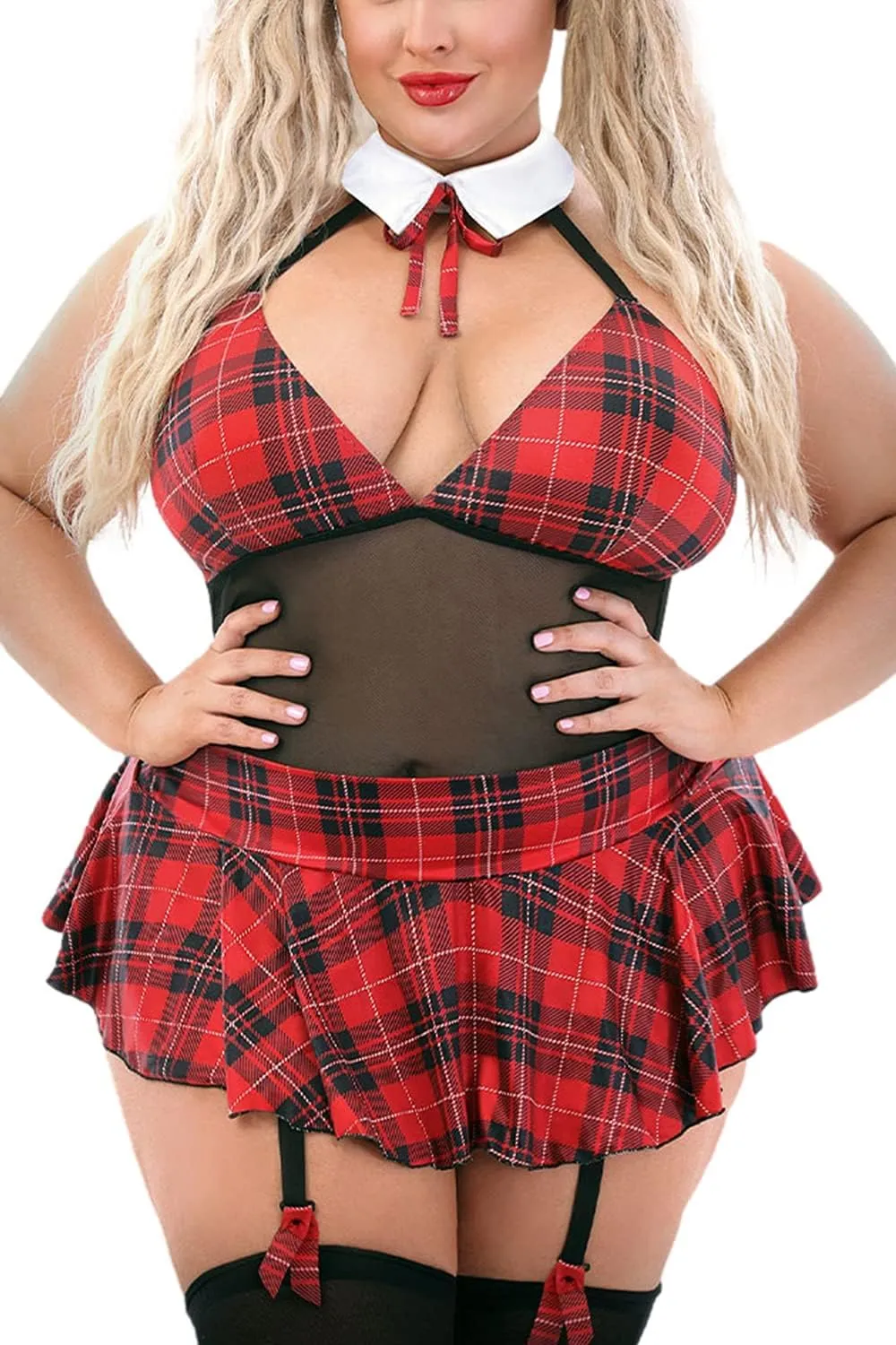 EVELUST Womens Plus Size Schoolgirl Lingerie - Sexy Valentines Set Roleplay Uniform Plaid Sheer Halter Teddy Tie Mini Skirt