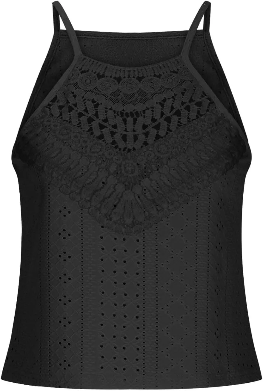 Eyelet Camisole for Women Lace Splicing Spaghetti Strap Tank Tops Sleeveless Blouses Loose Fit Going Out Tops