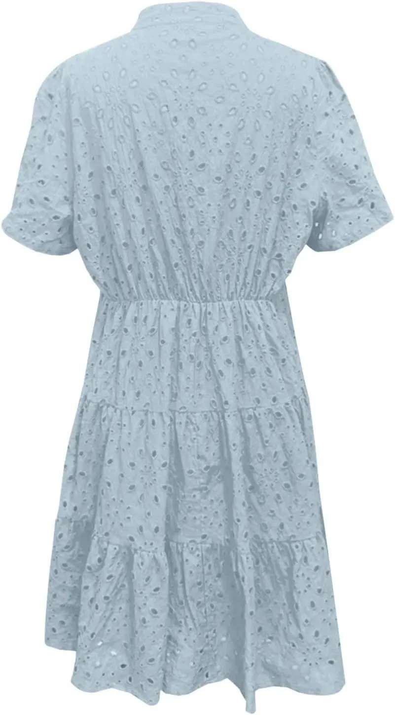 Eyelet Dresses for Women 2025 Short Sleeve V Neck A Line Cocktail Graduation Sundress Summer Casual Mini Dress