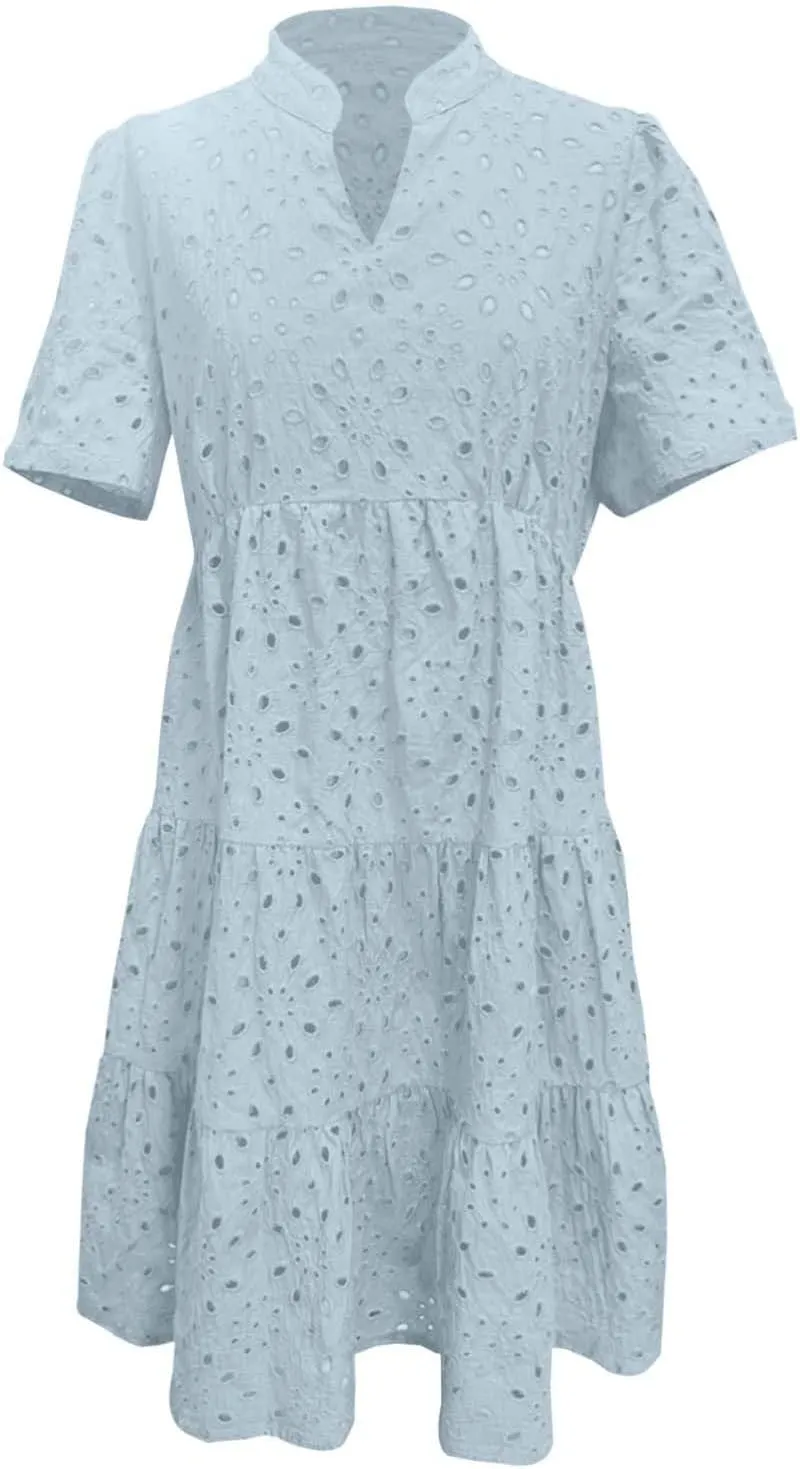 Eyelet Dresses for Women 2025 Short Sleeve V Neck A Line Cocktail Graduation Sundress Summer Casual Mini Dress