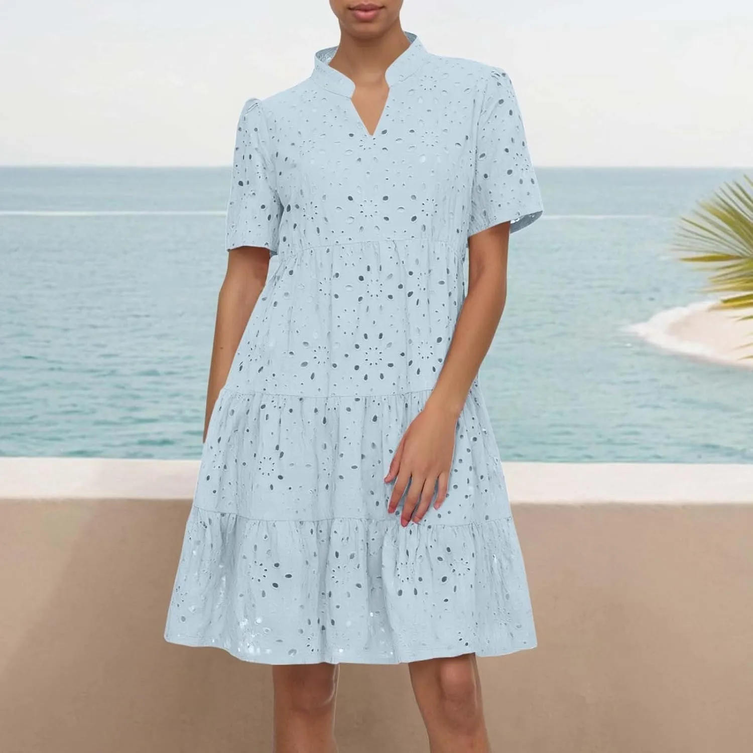 Eyelet Dresses for Women 2025 Short Sleeve V Neck A Line Cocktail Graduation Sundress Summer Casual Mini Dress