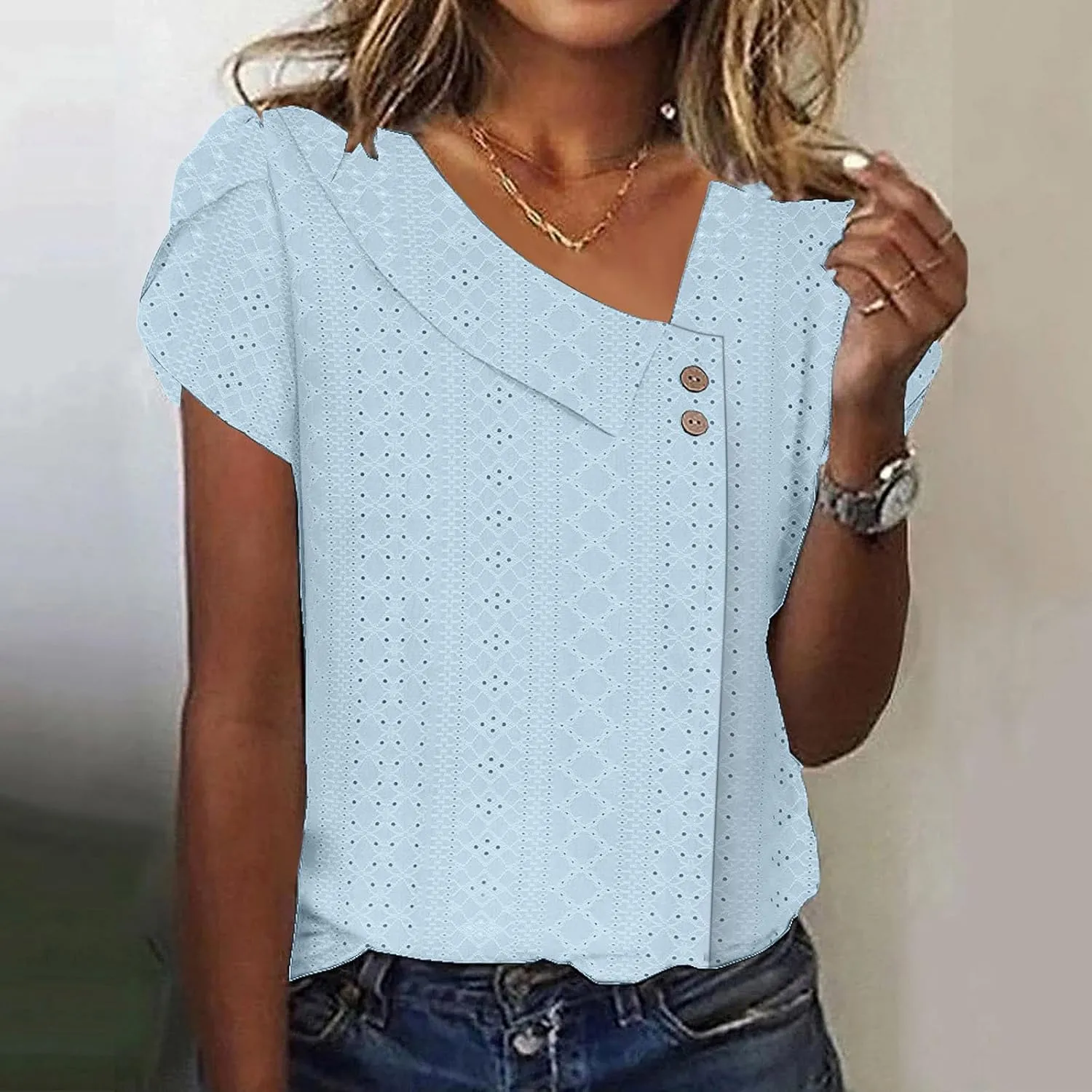 Eyelet Shirts for Women 2025 Casual Short Sleeve Solid Color T-Shirts Trendy Loose V Neck Button Summer Tops