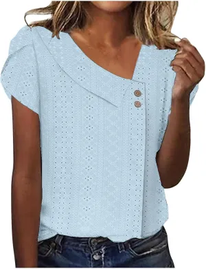 Eyelet Shirts for Women 2025 Casual Short Sleeve Solid Color T-Shirts Trendy Loose V Neck Button Summer Tops
