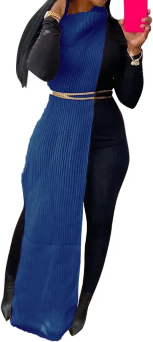 Famnbro Women's Sleeveless Turtleneck Sweater Sexy High Slit Long Maxi Dress Ribbed Knitted Top
