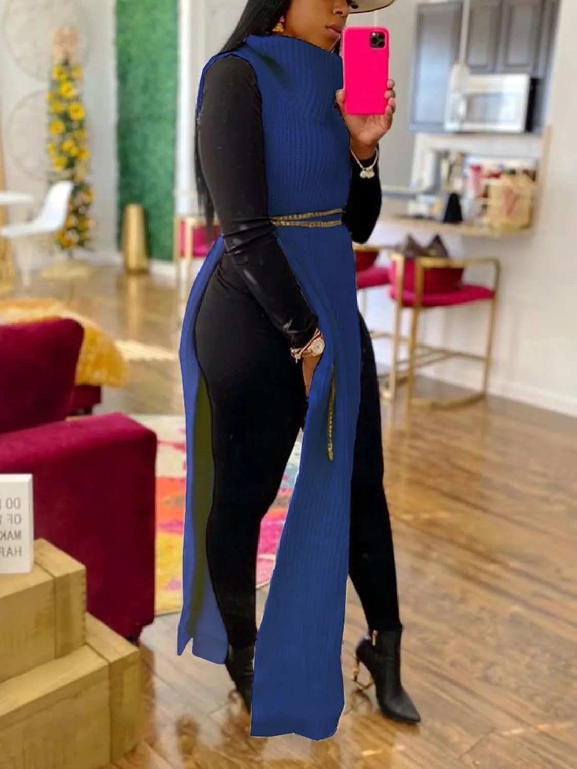 Famnbro Women's Sleeveless Turtleneck Sweater Sexy High Slit Long Maxi Dress Ribbed Knitted Top