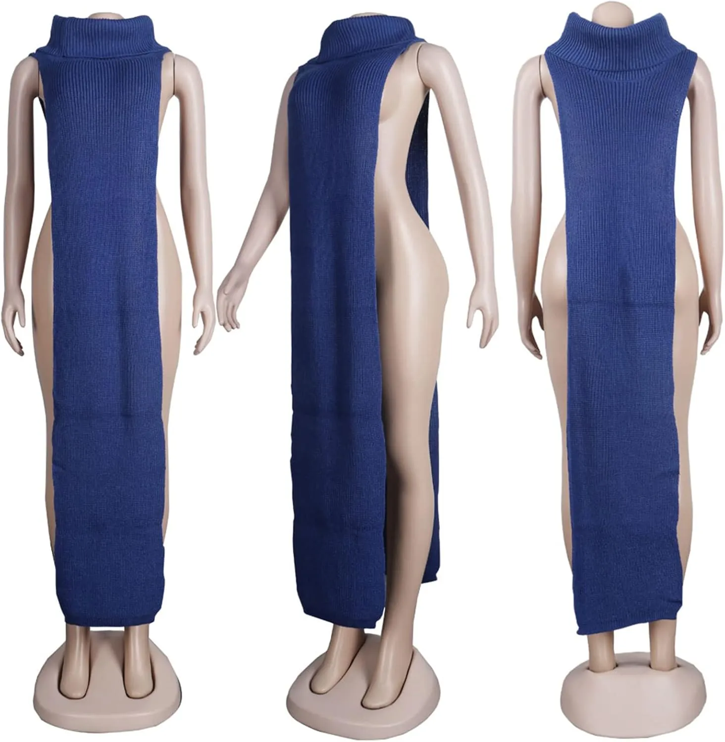 Famnbro Women's Sleeveless Turtleneck Sweater Sexy High Slit Long Maxi Dress Ribbed Knitted Top