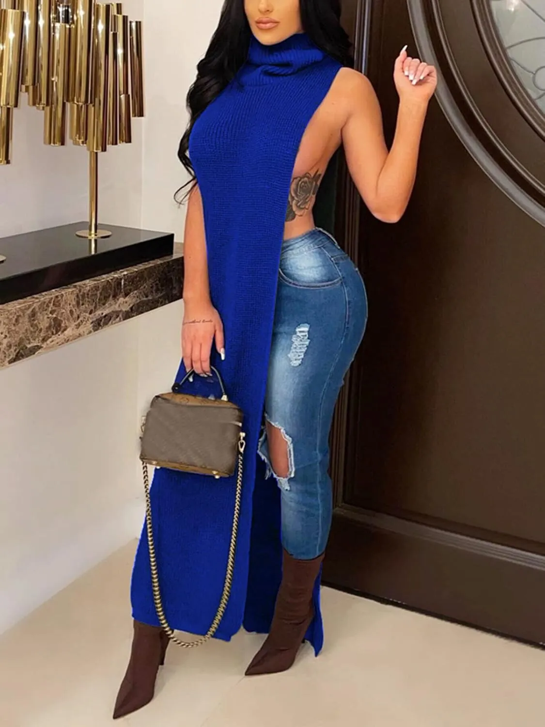 Famnbro Women's Sleeveless Turtleneck Sweater Sexy High Slit Long Maxi Dress Ribbed Knitted Top