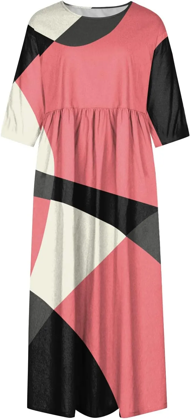 FlekmanArt Dresses for Women 2024 Round Neck Pocket Long Dresses Pleated Printed Dresses Short Sleeve Casual Beach Dress