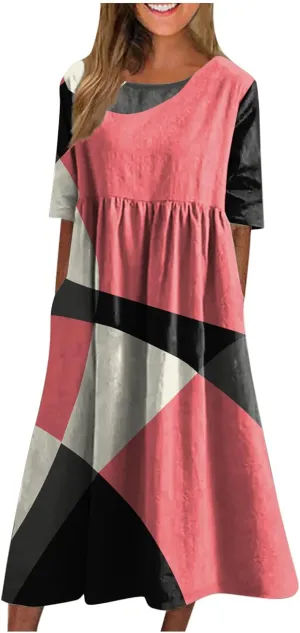 FlekmanArt Dresses for Women 2024 Round Neck Pocket Long Dresses Pleated Printed Dresses Short Sleeve Casual Beach Dress