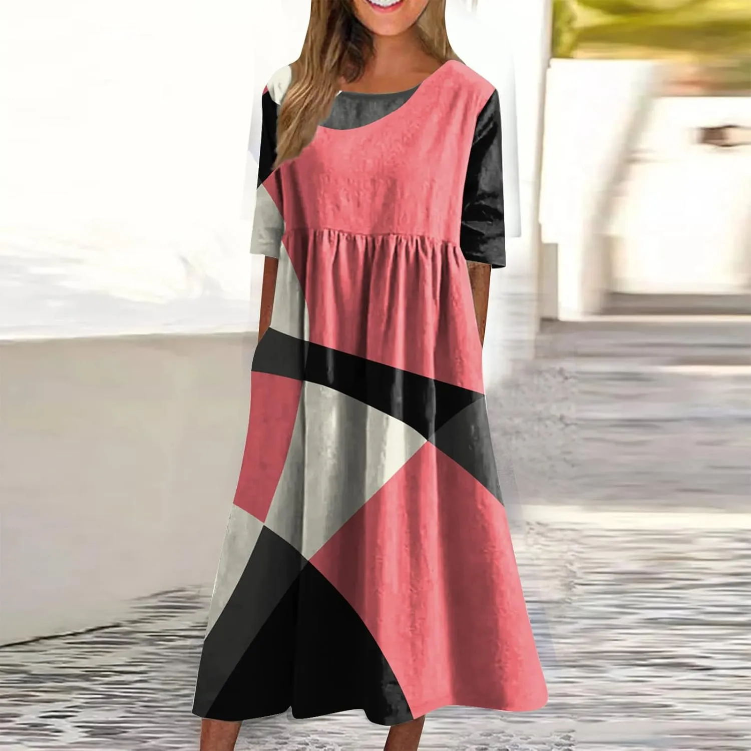 FlekmanArt Dresses for Women 2024 Round Neck Pocket Long Dresses Pleated Printed Dresses Short Sleeve Casual Beach Dress
