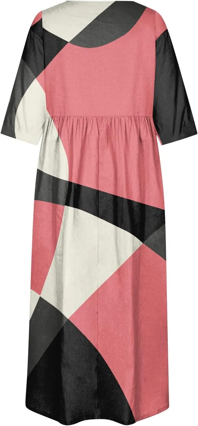 FlekmanArt Dresses for Women 2024 Round Neck Pocket Long Dresses Pleated Printed Dresses Short Sleeve Casual Beach Dress