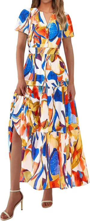 Floral Dress for Women Summer Boho Maxi Dresses Casual Short Sleeve V Neck Long Dresses A Line Tiered Flowy Sundresses