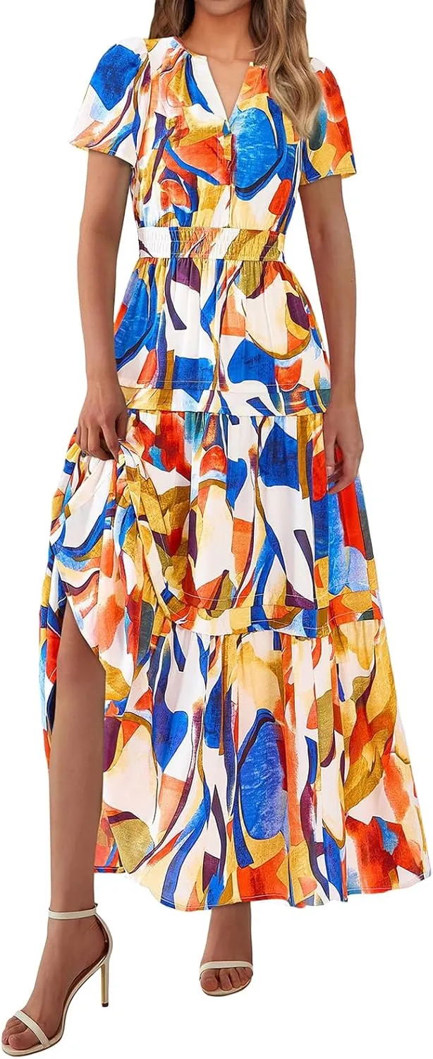 Floral Dress for Women Summer Boho Maxi Dresses Casual Short Sleeve V Neck Long Dresses A Line Tiered Flowy Sundresses