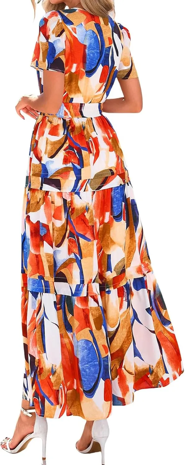 Floral Dress for Women Summer Boho Maxi Dresses Casual Short Sleeve V Neck Long Dresses A Line Tiered Flowy Sundresses