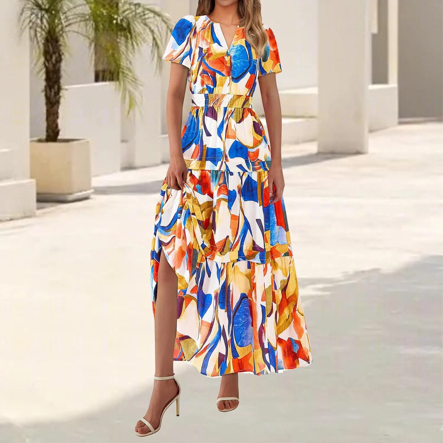 Floral Dress for Women Summer Boho Maxi Dresses Casual Short Sleeve V Neck Long Dresses A Line Tiered Flowy Sundresses
