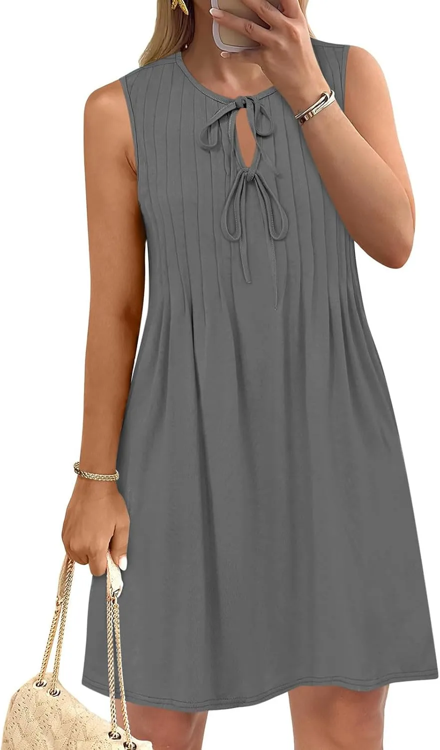 FZYLQY 2025 Women's Summer Dress Casual Tie Front Sleeveless V Neck Sundresses Ruffle Beach Shift Dress with Pockets