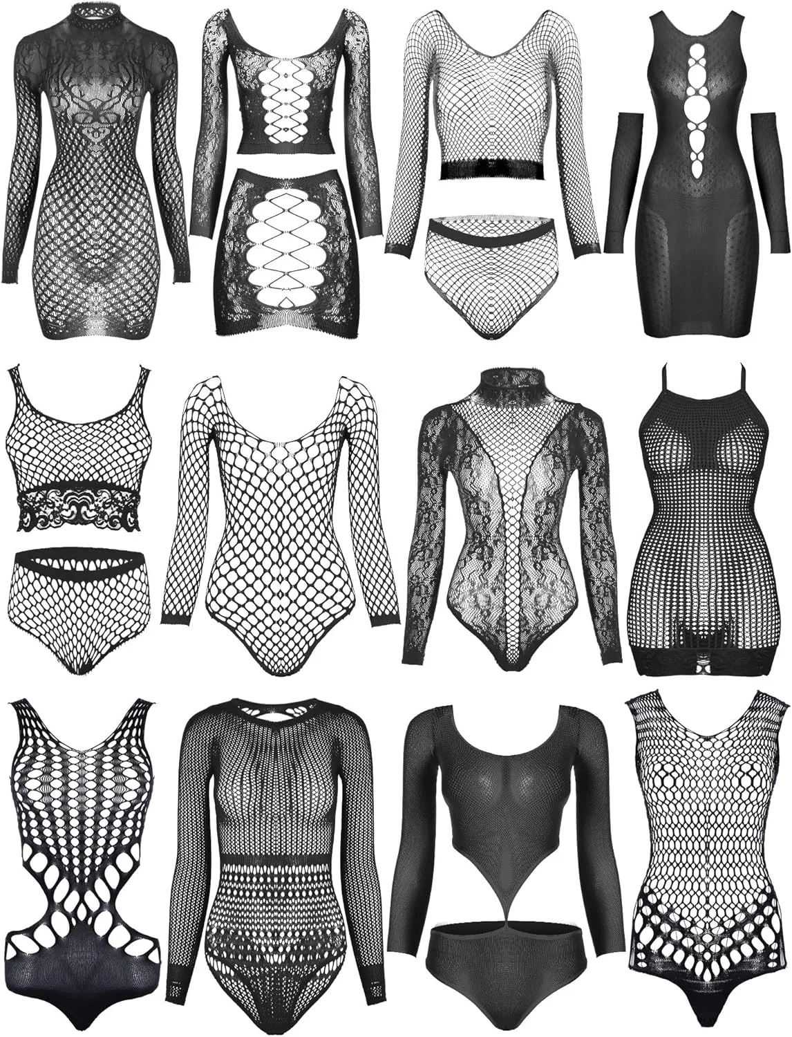 Geyoga 12 Pieces Women's Fishnet Lingerie Mesh Babydoll Bodysuit Lace Smock Lingerie for Women (Black,Simple Style)