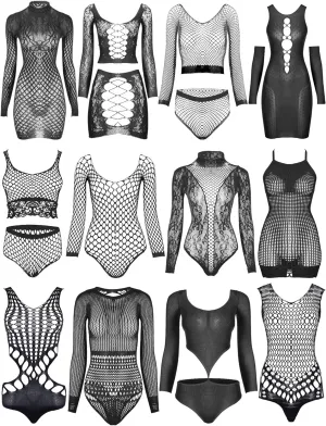 Geyoga 12 Pieces Women's Fishnet Lingerie Mesh Babydoll Bodysuit Lace Smock Lingerie for Women (Black,Simple Style)