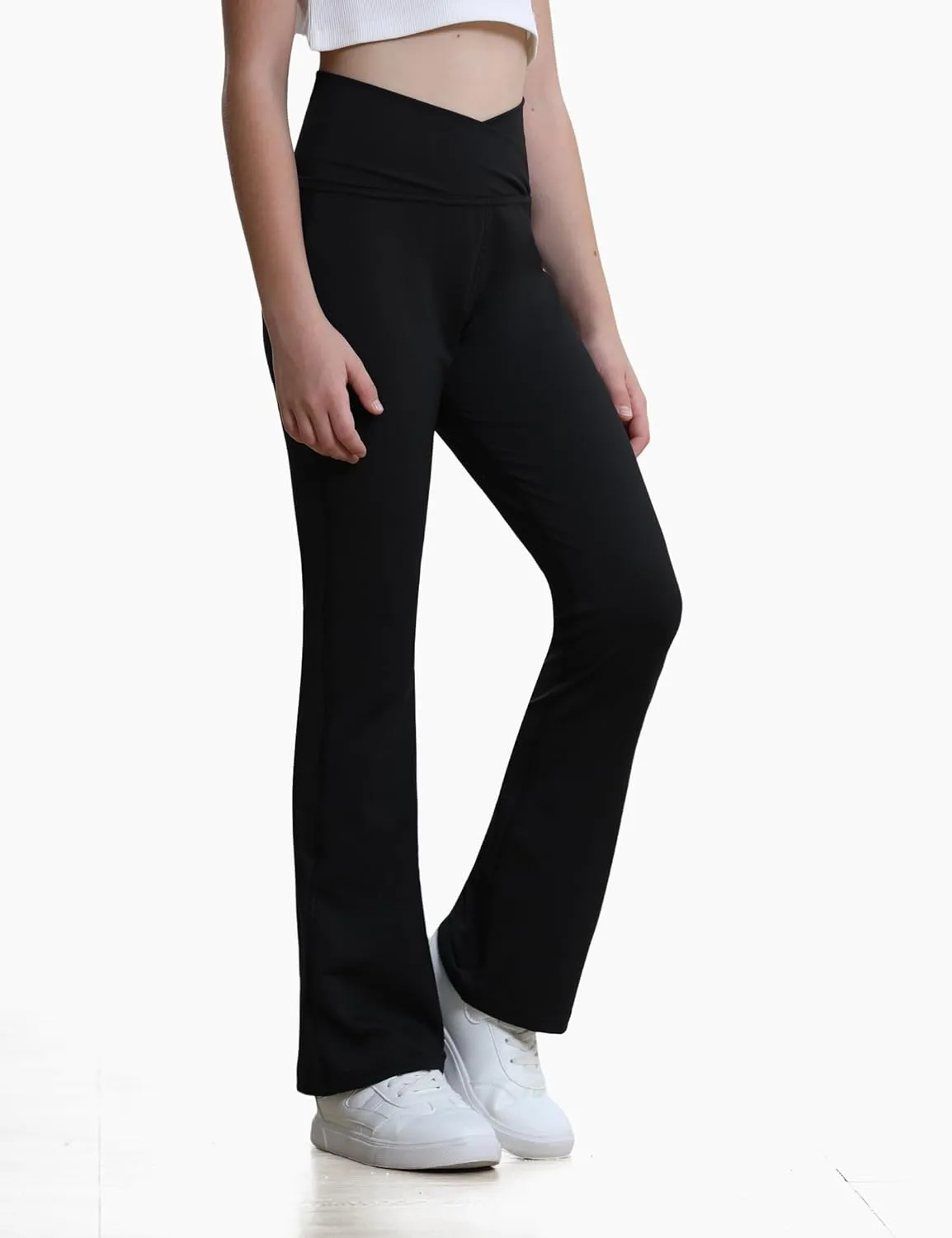 Girls Flare Leggings Black Pink Crossover High Waisted Workout Running Dance Bootleg Yoga Pants