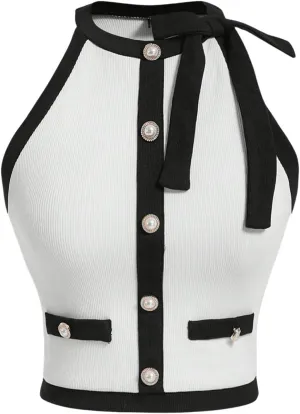 GORGLITTER Women's Bow Pearl Sweater Tops Elegant Sleeveless Knit Vest Going Out Crop Tops