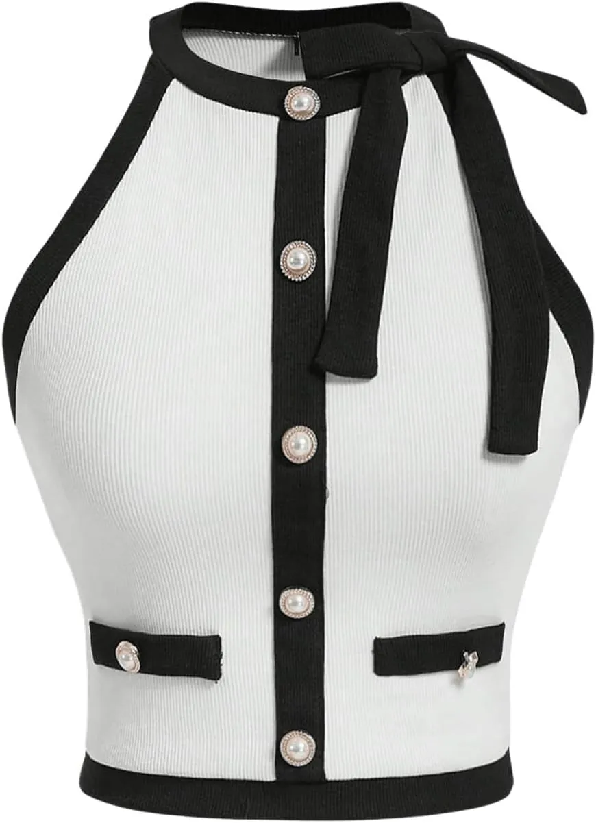 GORGLITTER Women's Bow Pearl Sweater Tops Elegant Sleeveless Knit Vest Going Out Crop Tops