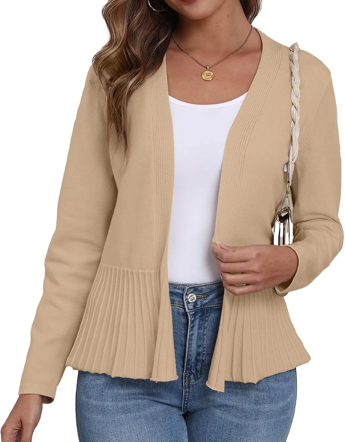 GRECERELLE Women Lightweight Casual Long Sleeves Cropped Cardigan Open Front Peplum Knit Sweater Outwear