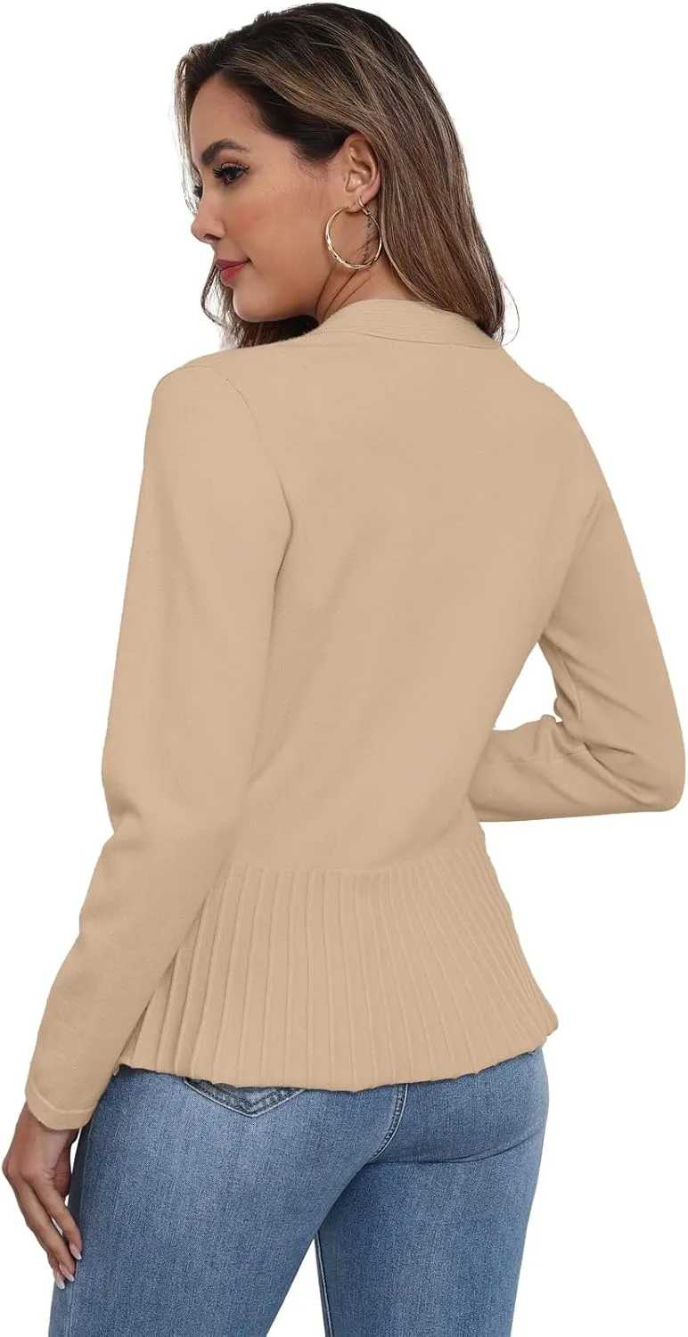 GRECERELLE Women Lightweight Casual Long Sleeves Cropped Cardigan Open Front Peplum Knit Sweater Outwear