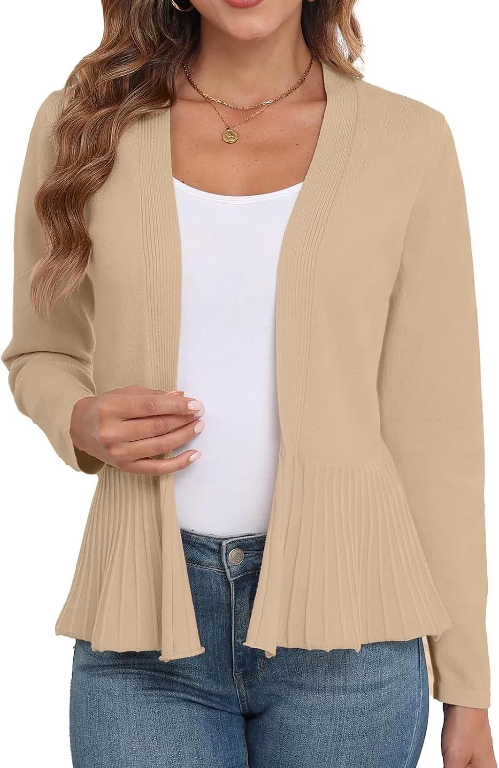GRECERELLE Women Lightweight Casual Long Sleeves Cropped Cardigan Open Front Peplum Knit Sweater Outwear