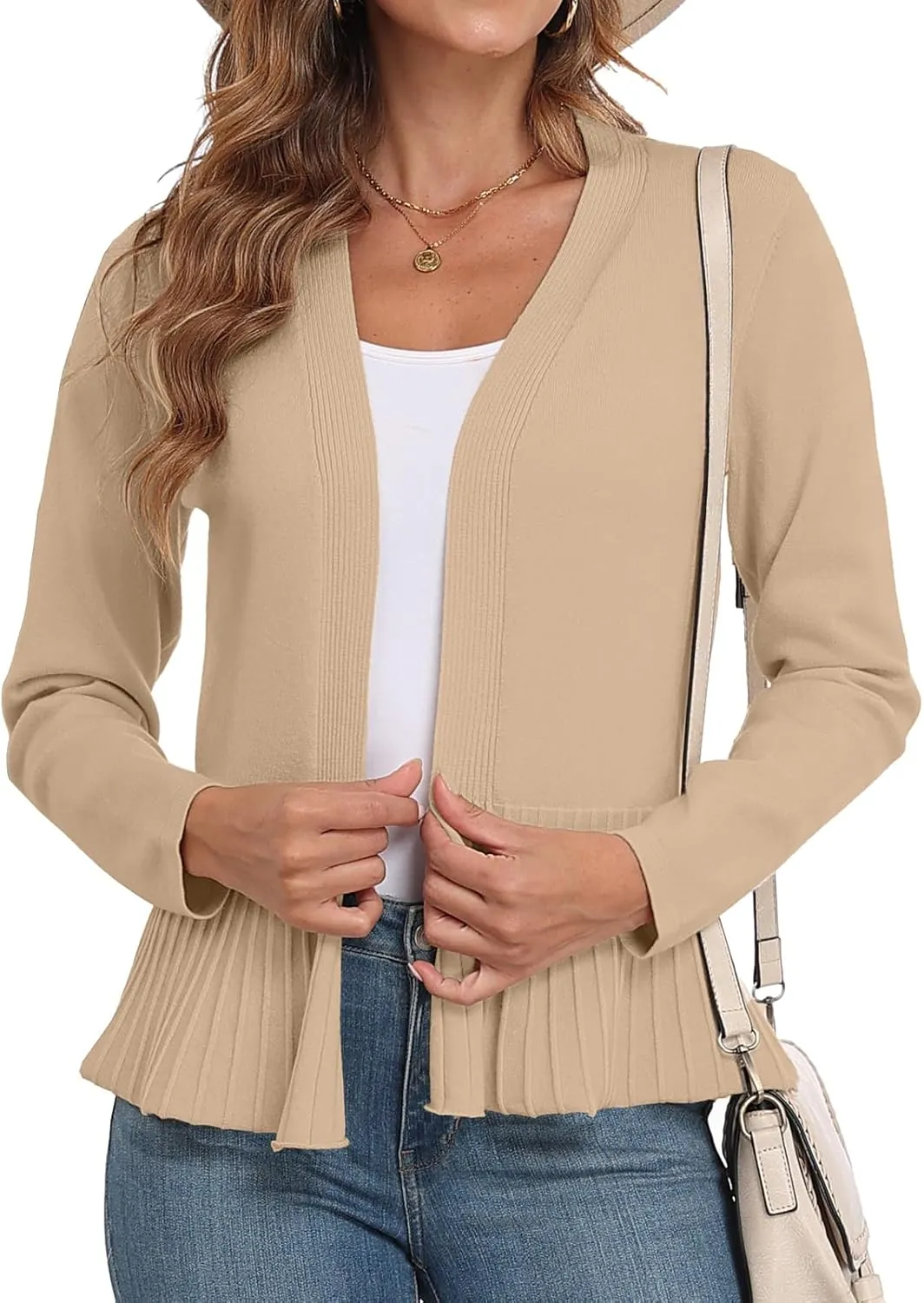 GRECERELLE Women Lightweight Casual Long Sleeves Cropped Cardigan Open Front Peplum Knit Sweater Outwear