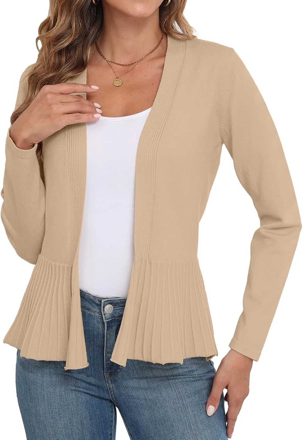 GRECERELLE Women Lightweight Casual Long Sleeves Cropped Cardigan Open Front Peplum Knit Sweater Outwear