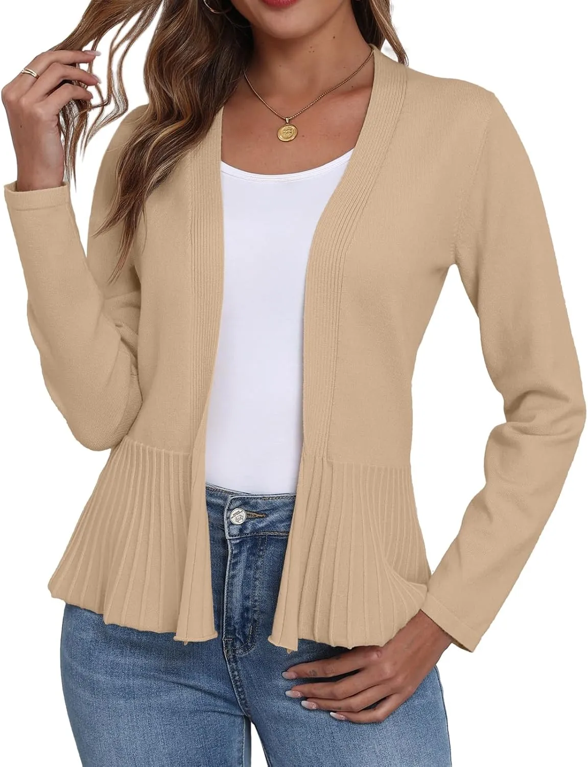GRECERELLE Women Lightweight Casual Long Sleeves Cropped Cardigan Open Front Peplum Knit Sweater Outwear