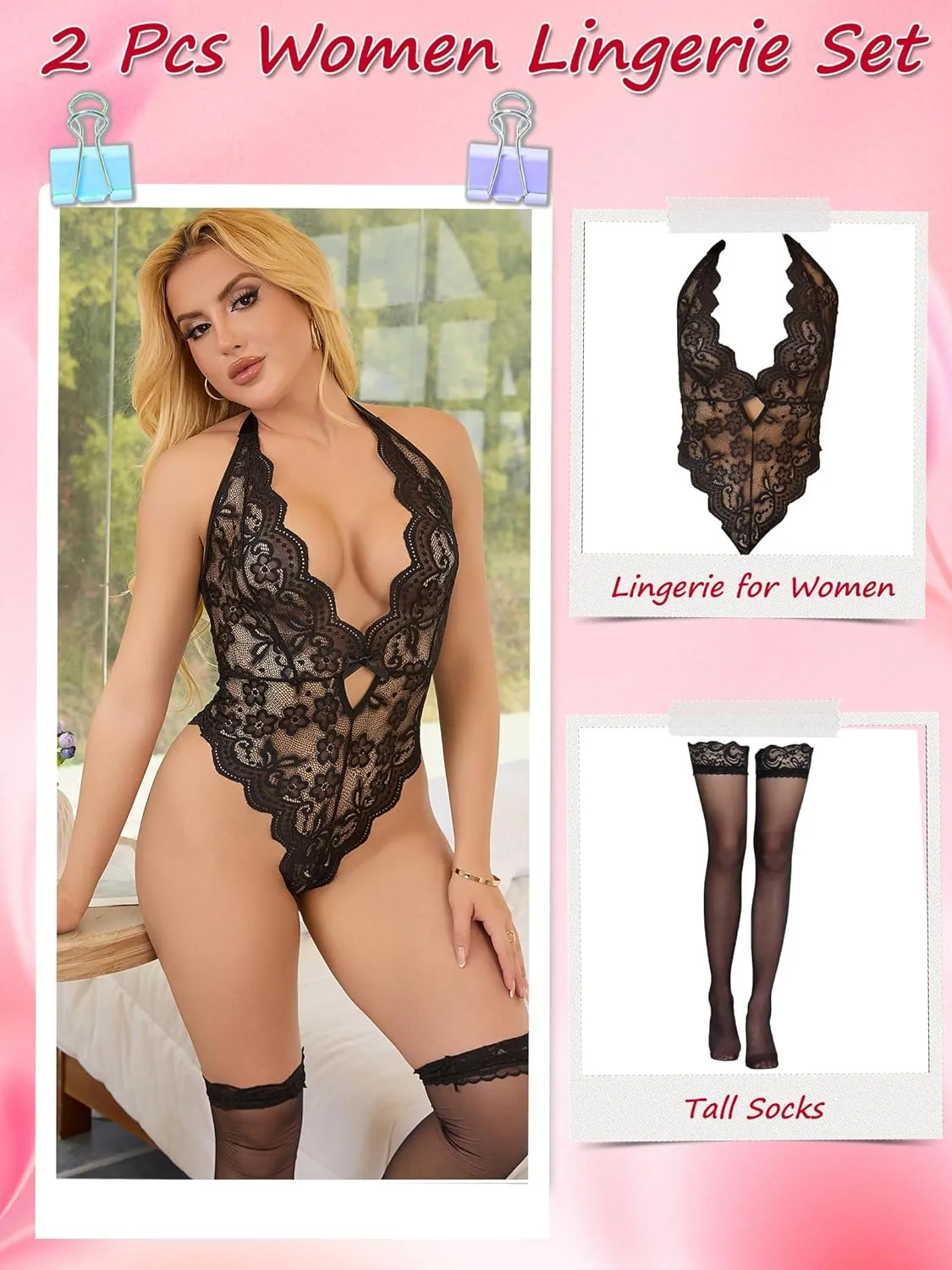 GZK 2 Pcs Women's Lingerie with Tall Socks,Teddy Babydoll Lingerie for Women,Deep V Lace Body Suits Women