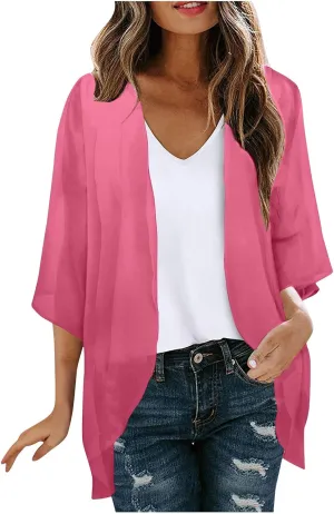 HGps8w Women's 3/4 Sleeve Kimono Cardigan Loose Summer Cover Up Lightweight Open-Front Sun Protection Blouse Tops