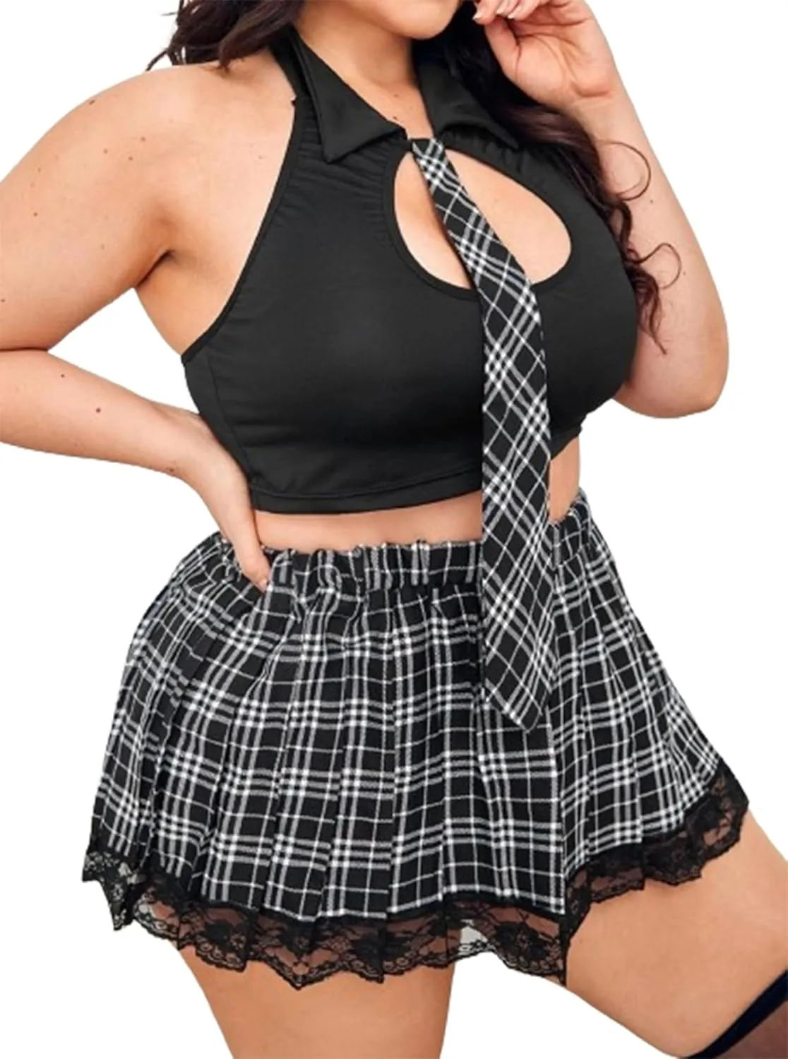 Hilinker Women's Plus Size Cosplay Costume Lingerie Set Bow Tie Crop Top With Mini Skirt