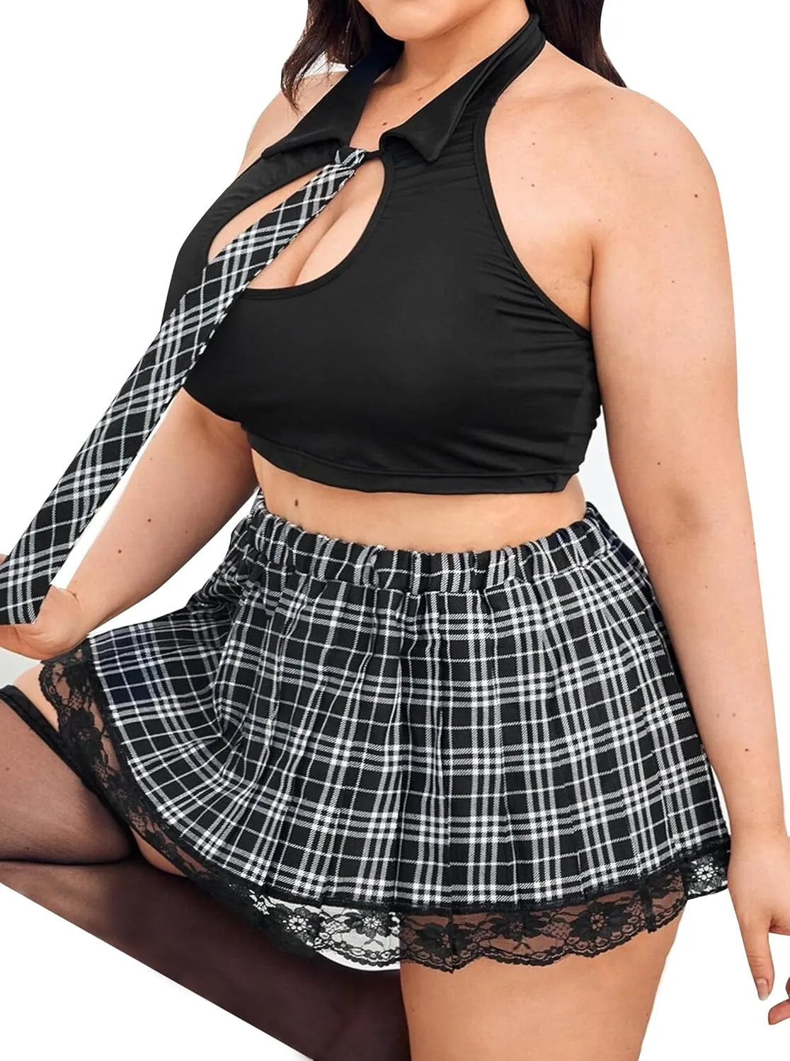 Hilinker Women's Plus Size Cosplay Costume Lingerie Set Bow Tie Crop Top With Mini Skirt