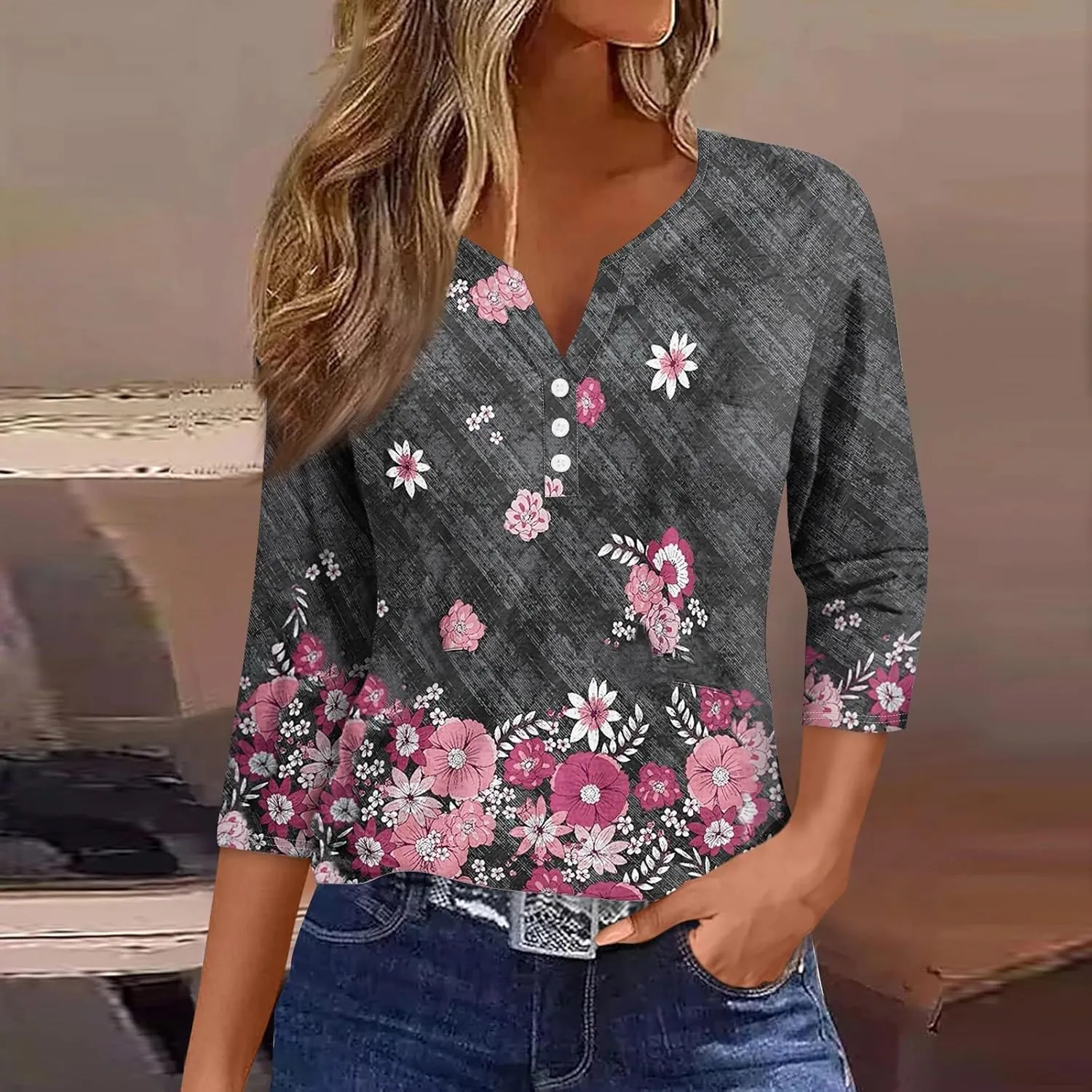 HXHYQKP 3/4 Sleeve Tops for Women V Neck Button Down Shirts Business Casual Outfit Basic Tees Summer Top 2025