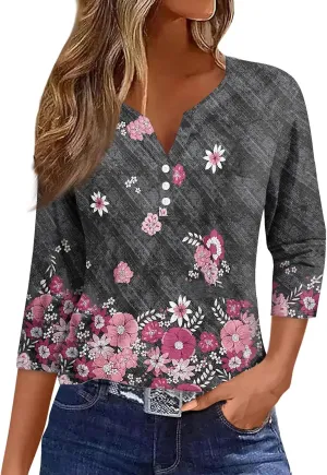 HXHYQKP 3/4 Sleeve Tops for Women V Neck Button Down Shirts Business Casual Outfit Basic Tees Summer Top 2025