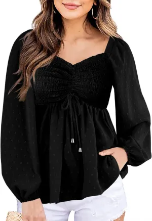 Imysty Womens V Neck Smocked Peplum Tops
