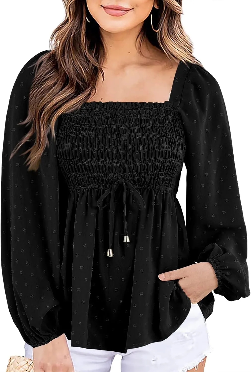 Imysty Womens V Neck Smocked Peplum Tops
