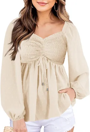 Imysty Womens V Neck Smocked Peplum Tops