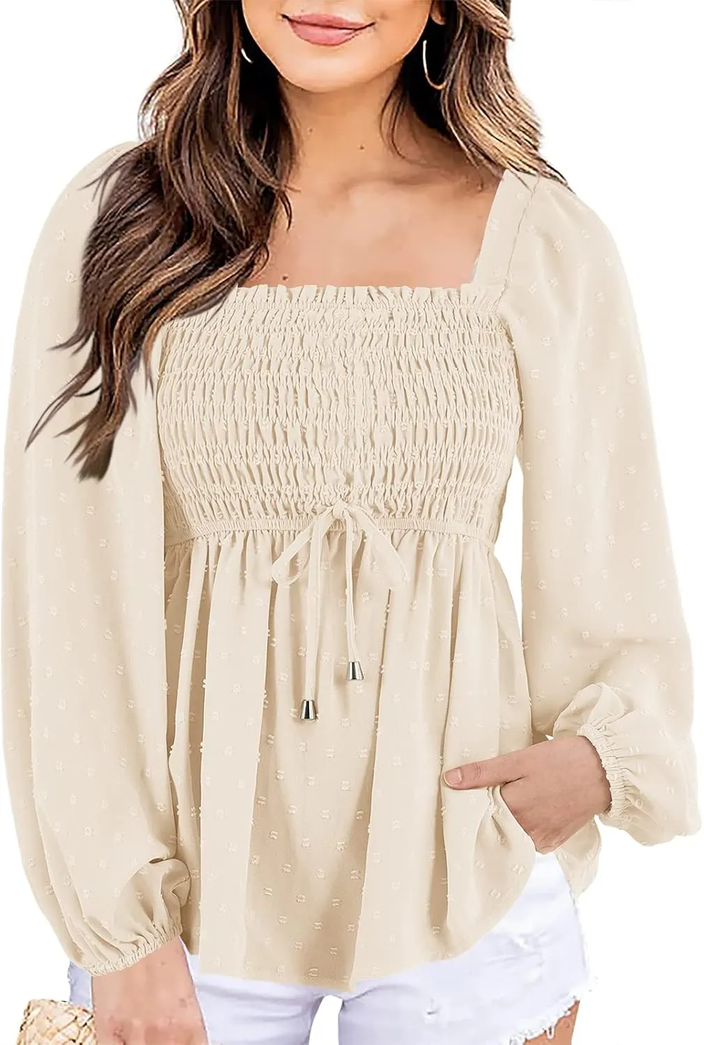 Imysty Womens V Neck Smocked Peplum Tops