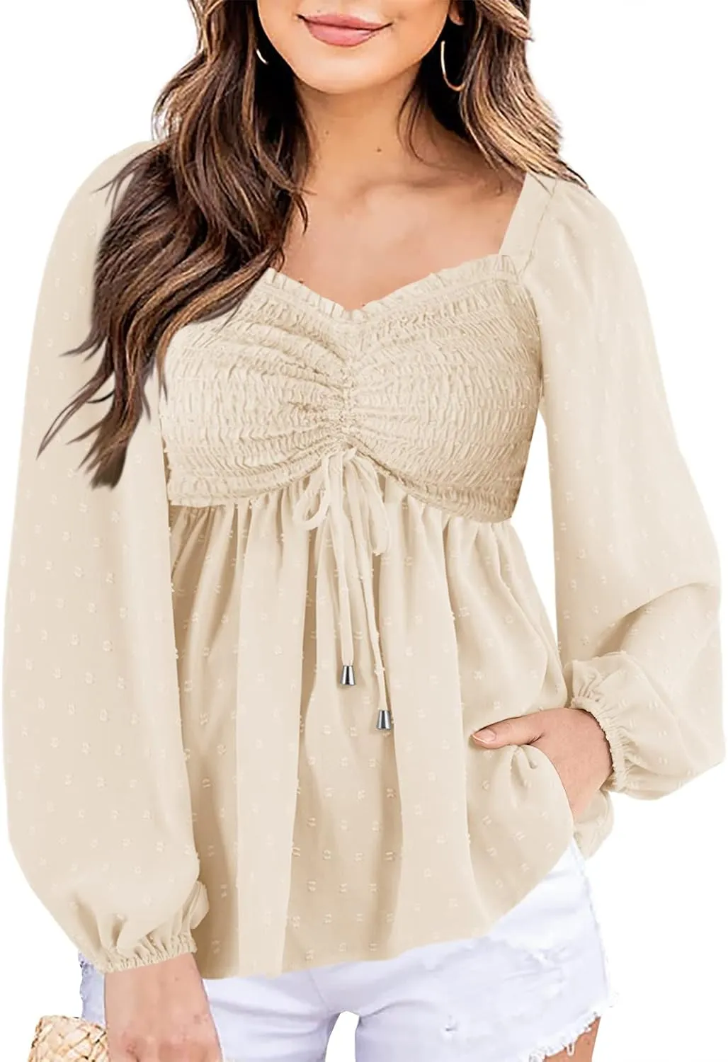 Imysty Womens V Neck Smocked Peplum Tops