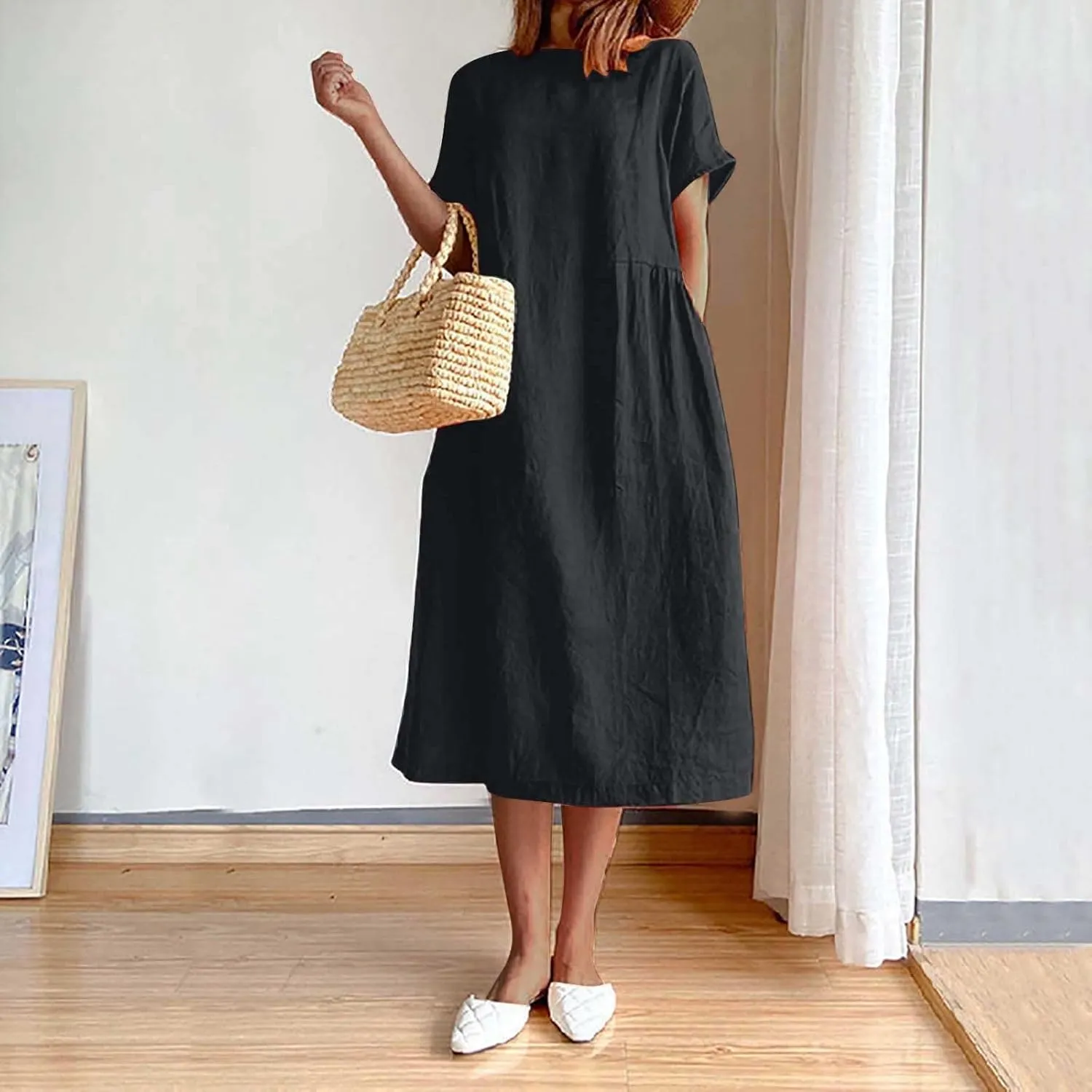 JOAU Women's Summer Cotton Linen Dress, Solid O-Neck Midi Dress with Pocket Short Sleevele Casual Loose Shift Dress