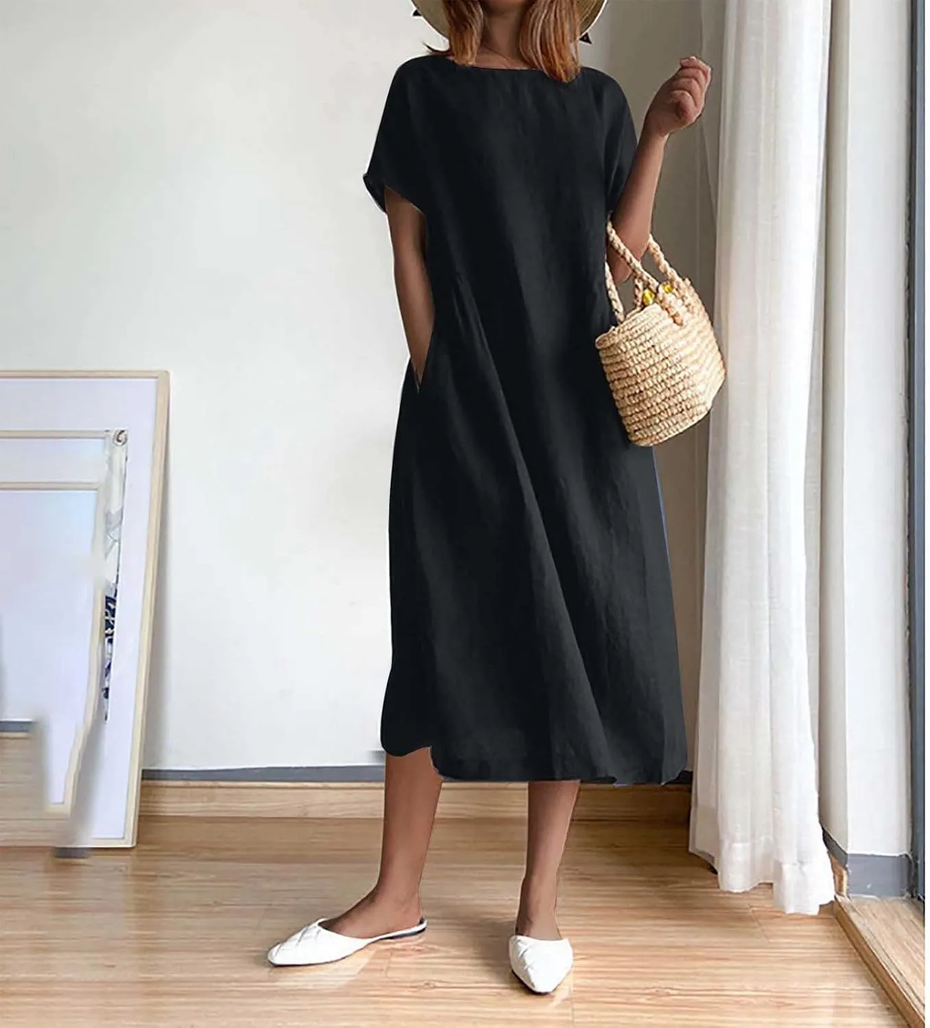JOAU Women's Summer Cotton Linen Dress, Solid O-Neck Midi Dress with Pocket Short Sleevele Casual Loose Shift Dress