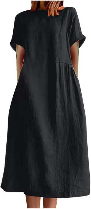 JOAU Women's Summer Cotton Linen Dress, Solid O-Neck Midi Dress with Pocket Short Sleevele Casual Loose Shift Dress
